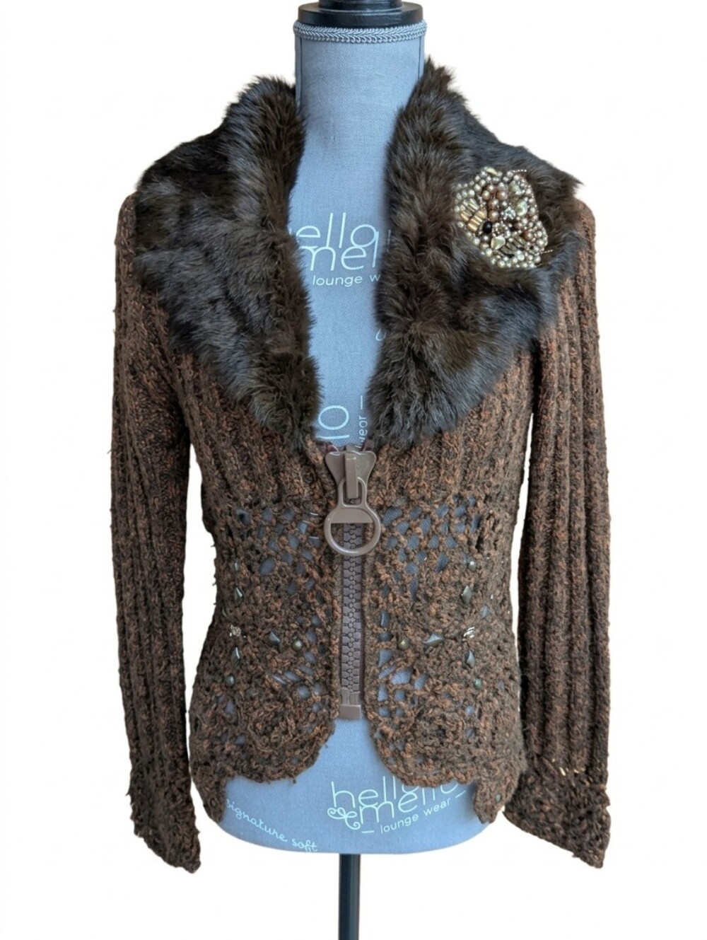Identity Club Genuine Rabbit Fur Trim Chunky Marled Knit Cardigan Jacket S/M